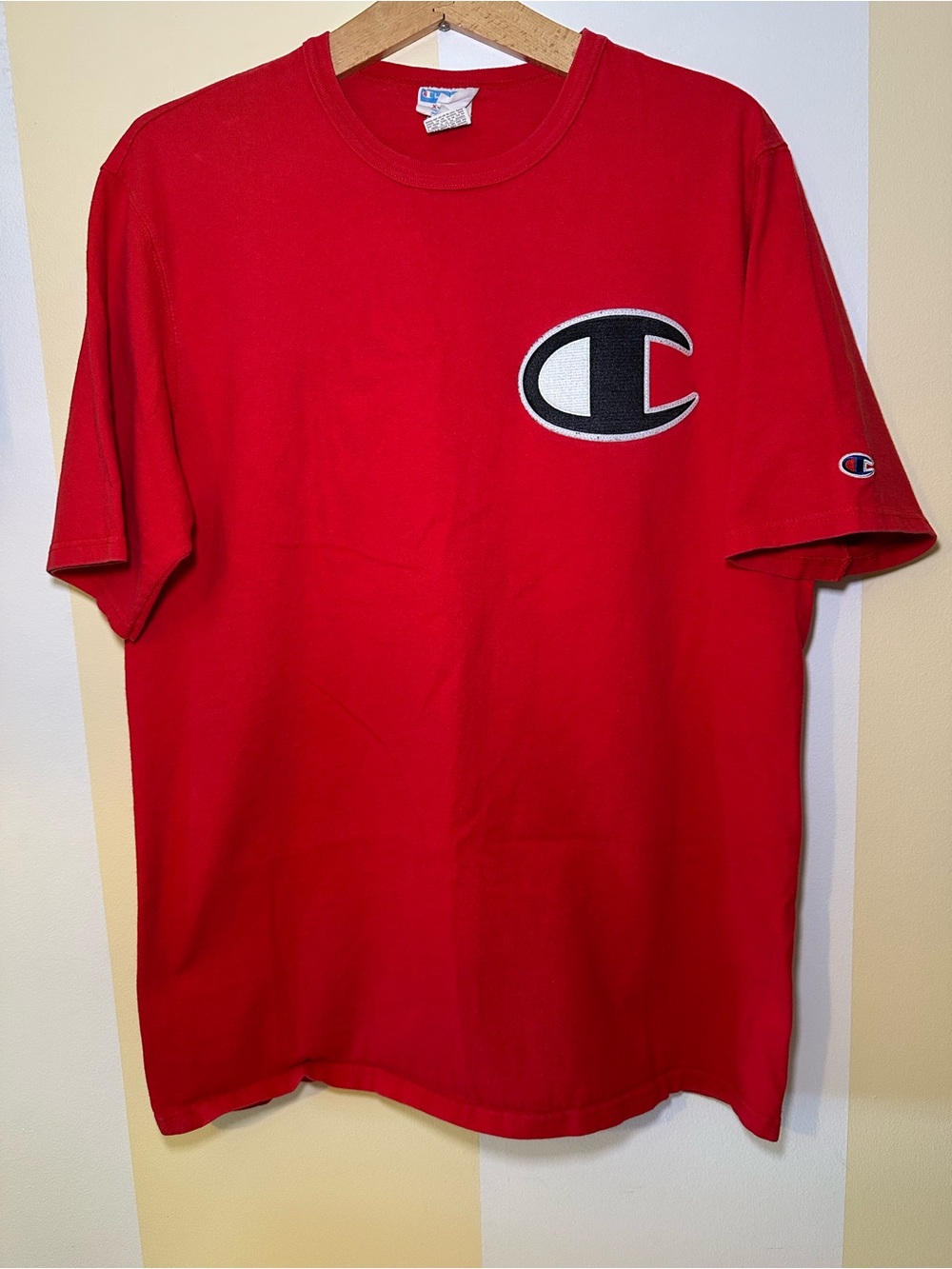 Vintage Champion T Shirt Men XL Red Crew Big Logo Hit Short Sleeve 90s Tee